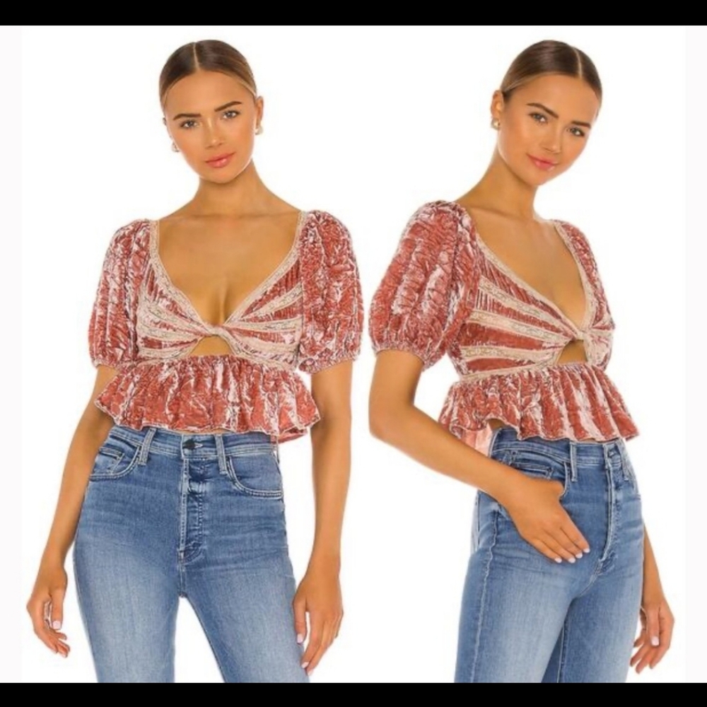 FP Velvet And Lace Puff Sleeve Crop Top